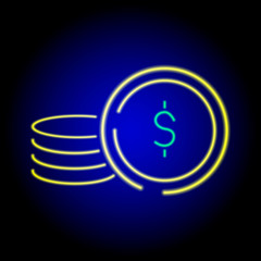 color flat icon coins with a dollar sign neon