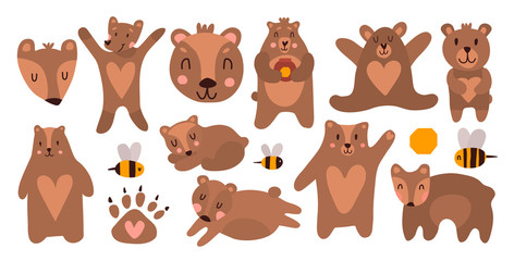Funny bears in different poses. Cute animals love honey and are friends with bees. Cartoon bear for printing on children's textiles, toys for babies. Brown wild beast in a cartoony style