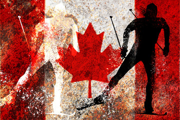 Cross country skiing silhouette on a Canada flag on the rusty metal background