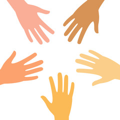A set of hands symbolizing a team or teamwork flat color icon for business, inclusion concept, different nationality isolated