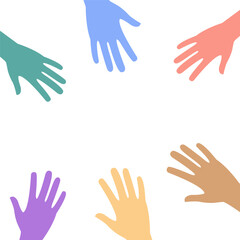 A set of hands symbolizing a team or teamwork flat color icon for business, inclusion concept, different nationality isolated