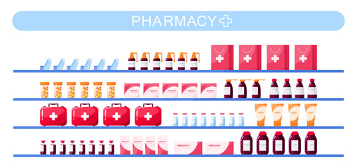 Modern pharmacy shelves with medicaments and drugs.