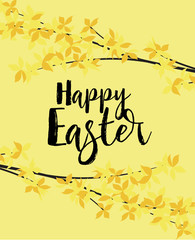 Vector illustration of Forsythia flower from tree. Spring landscape, nature background. Frame decoration yellow flowers card Happy Easter. Golden Rain
