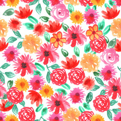 Watercolor pink red flowers roses peonies peony Seamless pattern isolated on white background. simple ornament, fashion print and trend of the season Can be used for Gift wrap, fabrics, wallpapers