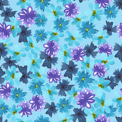 Fototapeta na wymiar Watercolor cornflower, forget-me-not, rose green leaves Seamless pattern on blue background. simple ornament, fashion print and trend of the season Can be used for Gift wrap, fabrics, wallpapers.