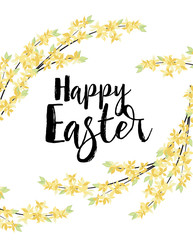Obraz premium Vector illustration of Forsythia flower from tree. Spring landscape, nature background. Frame decoration yellow flowers card Happy Easter. Golden Rain