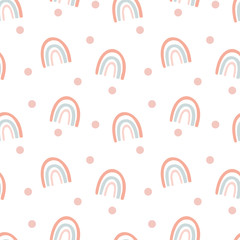 Simple seamless pattern with cartoon rainbows, decor elements. colorful design for kids. hand draw illustration, flat style. Concept - baby design for fabric, print, textile, wrapper.