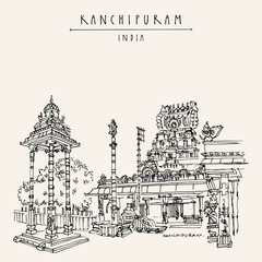 Kanchipuram (Kanchi), Tamil Nadu, South India. Varadaraja Perumal Temple. Hindu religion sacred place. Travel sketch drawing. Vintage hand drawn touristic postcard