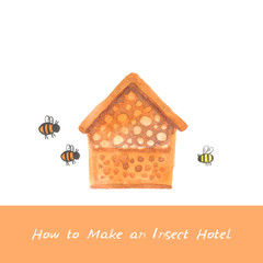 Bee hotel insect bumblebee bee bug house, wooden object produced to mimic the solitary bees natural breeding nests. Watercolor hand drawn Orange brown white background. Applicable for Banners Poster