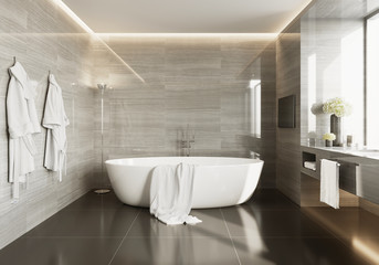Fototapeta na wymiar 3d rendering of a grey beiege marble bathroom