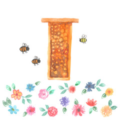 Bee hotel insect bumblebee bee bug house, wooden object produced to mimic the solitary bees natural breeding nests. Watercolor flowers leaves isolated on white. Applicable for Banners Poster