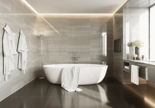 3d rendering of a grey beiege marble bathroom