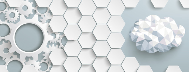 White Hexagon Structure Gears LowPoly Cloud Header - obrazy, fototapety, plakaty