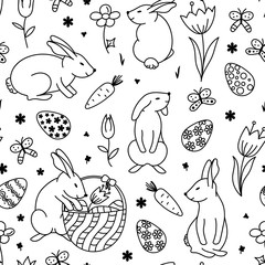 Lovely rabbits and flowers. Easter, eggs and cake. Cute childish seamless pattern in cartoon style. Seamless pattern can be used for wallpapers, pattern fills, web page backgrounds, coloring book