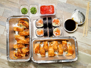 Japanese food Packed in a plastic box.