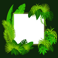 Carte décorée de plantes tropicales autour d’un carré blanc.