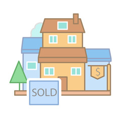 Sold houses dollar icon. Simple line, outline vector elements of color real estate market icons for ui and ux, website or mobile application