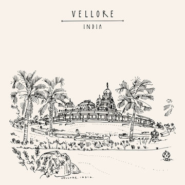 Vellore, Tamil Nadu, South India. Golden Temple Vellore complex inside the Sripuram spiritual park. Travel sketch drawing. Vintage hand drawn postcard
