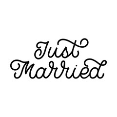 Hand dlettered quote. The inscription: Just married. Perfect design for greeting cards, posters, T-shirts, banners, print invitations. Monoline style.