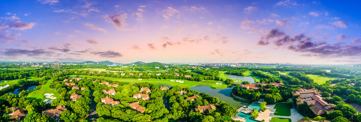 Aerial view of a beautiful green golf course in Shanghai,panoramic view.