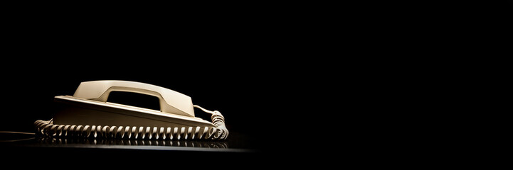 Old vintage phone with a spiral cord, side view, panoramic black background with copy space
