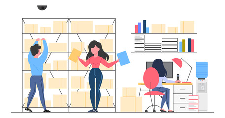 Store interior. Warehouse in a shop. Shelves with boxes