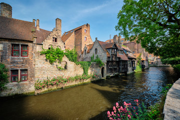 Canal with old houses in Bruge, Beligum