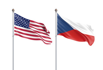 Two waving flags. United States of America flag, isolated on white. 3d Illustration.