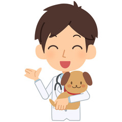 説明をする笑顔の獣医と犬