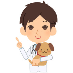 説明をする獣医と犬