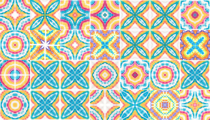 Colorful Seameless Artistic Tile Yoga Kaleidoscope. Multicolor Bright Splash Watercolor .Seamless Saturated Creative Arabian Print. Seameless Colored Portugese Wallpaper Tile