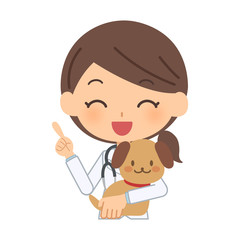 説明をする笑顔の獣医と犬