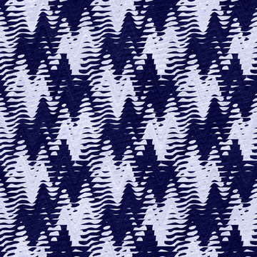 Indigo Blue Woven Ikat Zag Cotton Dyed Effect Texture Background. Seamless Japanese Chevron Batik Pattern Swatch. Wrinkled Distressed Tie Dye. Asian Fusion All Over Kimono Textile. Worn Cloth Print