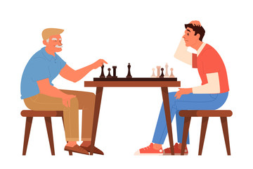 Old people play chess set. Elderly peope sitting at the table with chessboard.