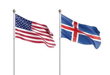 Two waving flags. United States of America flag, isolated on white. 3d Illustration.