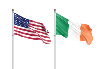 Two waving flags. United States of America flag, isolated on white. 3d Illustration. © Evgenia