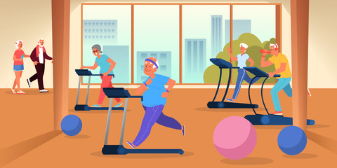 Old peoplein the gym. Seniors training on treadmill. Fitness program - obrazy, fototapety, plakaty
