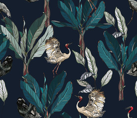 Seamless Pattern Dancing Cranes and Sloth Wildlife Animals in Tropical Jungle Plants Exotic Rainforest on Dark Dramatic Background - 323656711