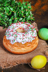 easter cake and easter eggs, traditional holiday design (happy easter) menu concept. food background. top view. copy space