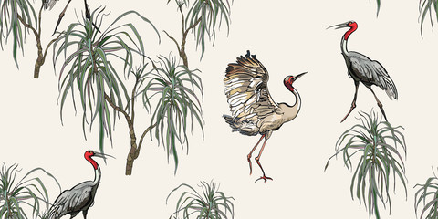Fototapety  Dancing Cranes in Dragon Trees Horizontal Print, Tropical Plants and exotic Birds on White Background, Hand Drawn Textile Design