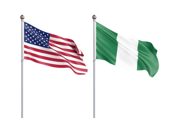 Two waving flags. United States of America and Nigeria flags, isolated on white. 3d Illustration.