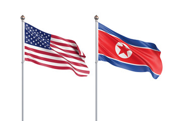 Two waving flags. United States of America flag, isolated on white. 3d Illustration.