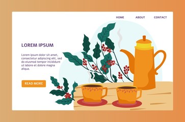 Coffee shop website design, cute pot and cups in flat style, vector illustration. Fresh hot coffee in cozy cafe, landing page template. Decorative branch with leaves and beans hand drawn cartoon style