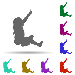 Girl sitting and pointing silhouette multi color style icon. Simple glyph, flat vector of children icons for ui and ux, website or mobile application