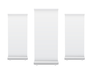 Realistic 3D vertical roll up banner stand template design. Isolated vector.