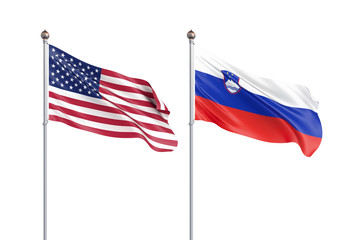 Two waving flags. United States of America flag, isolated on white. 3d Illustration.