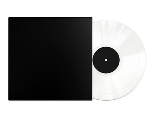 White Colored Vinyl Disc Mock Up. Vintage LP Vinyl Record with Black Cover Sleeve and Black Label Isolated on White Background. 3D Render.