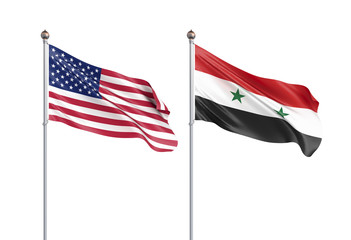 Two waving flags. United States of America flag, isolated on white. 3d Illustration.