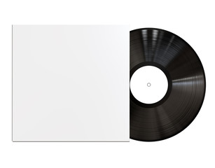 Black Vinyl Disc Mock Up. Vintage LP Vinyl Record with White Cover Sleeve and White Label Isolated on White Background. 3D Render.