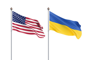 Two waving flags. United States of America flag, isolated on white. 3d Illustration.
